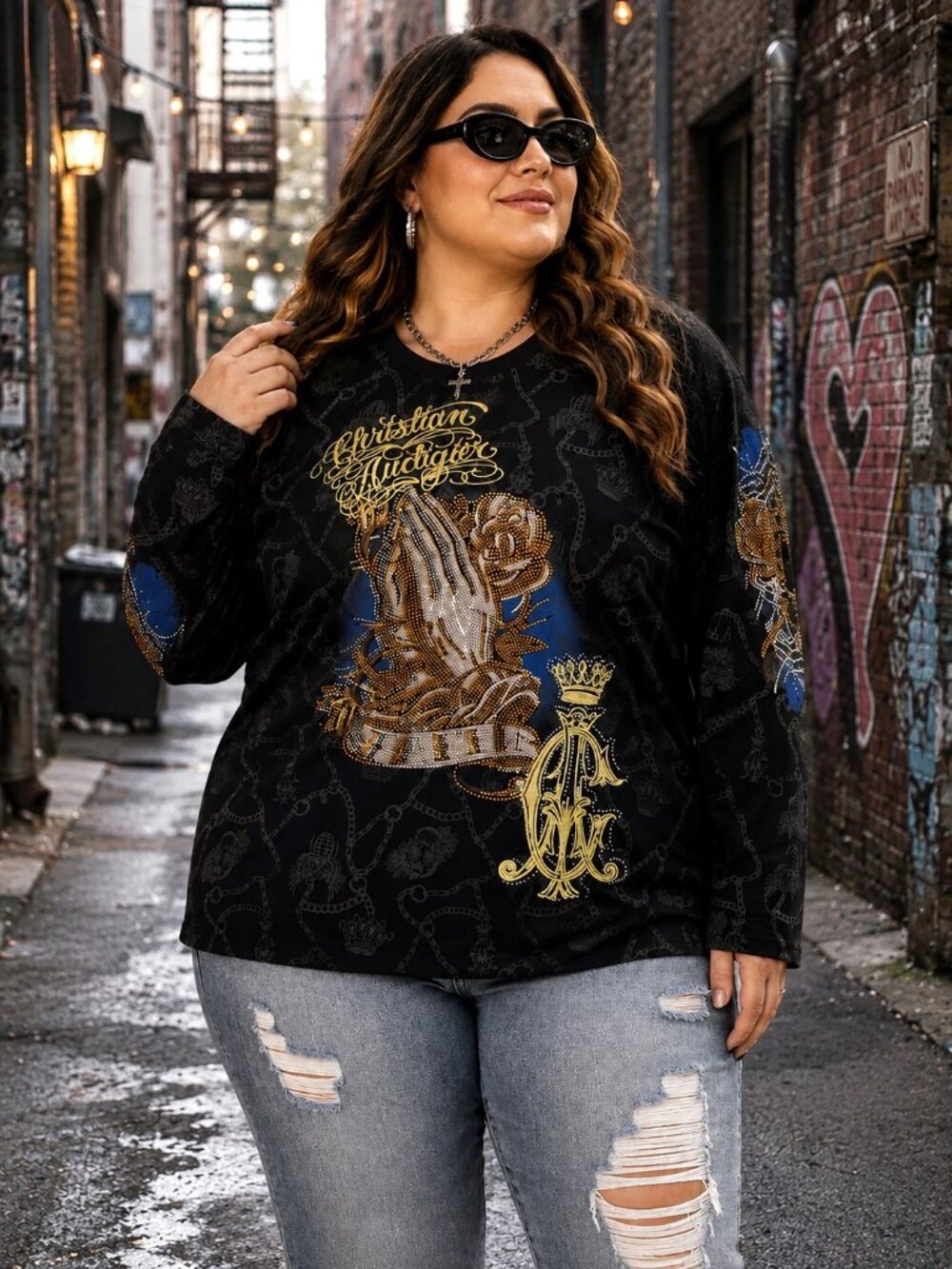 Christian Audigier Black Crew Neck Long Slv Embellished Faith T-Shirt Womens 3X